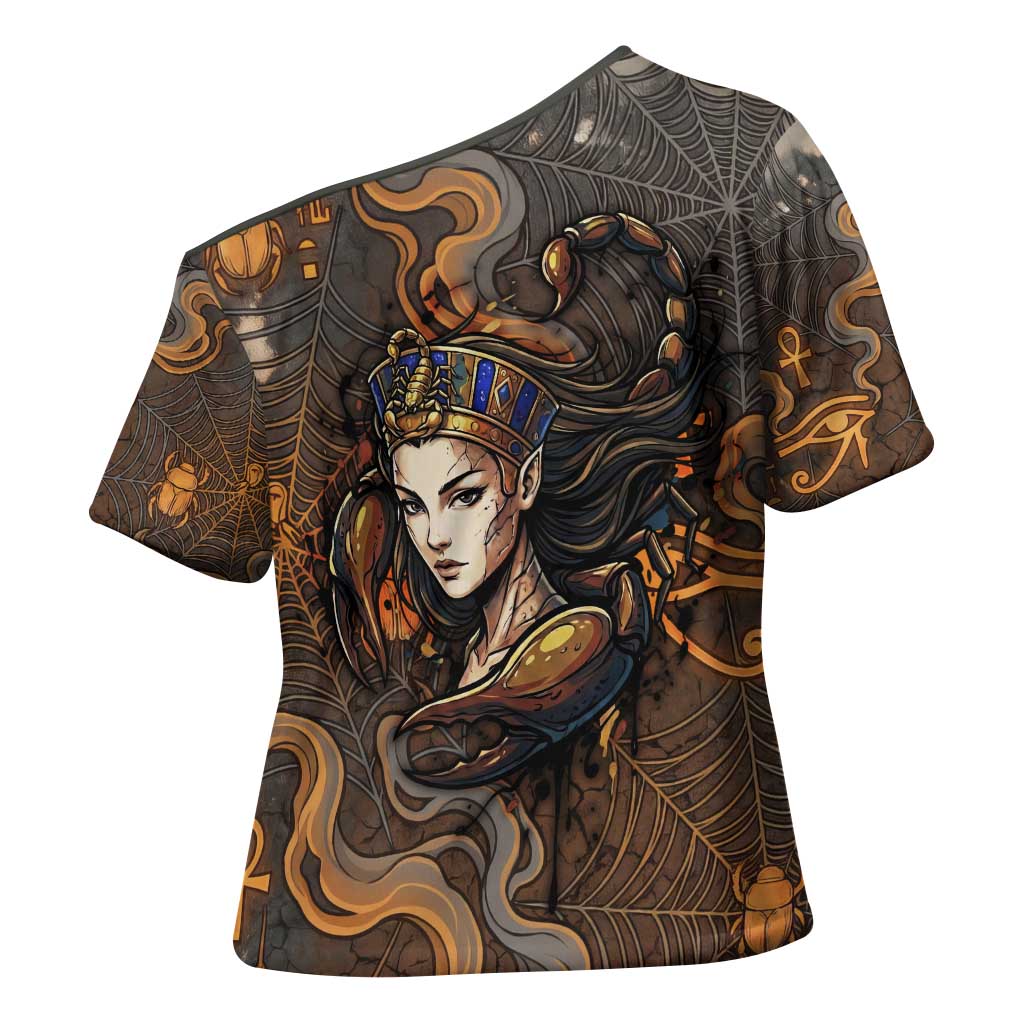 Serket Egyptian Cross Shoulder Shirt Jeweled Scorpion and Cobweb Motif in Mystical Egyptian
