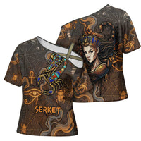 Serket Egyptian Cross Shoulder Shirt Jeweled Scorpion and Cobweb Motif in Mystical Egyptian
