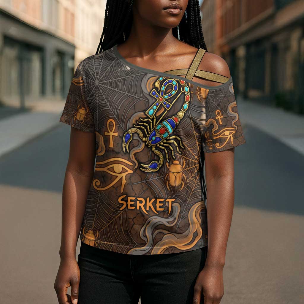Serket Egyptian Cross Shoulder Shirt Jeweled Scorpion and Cobweb Motif in Mystical Egyptian
