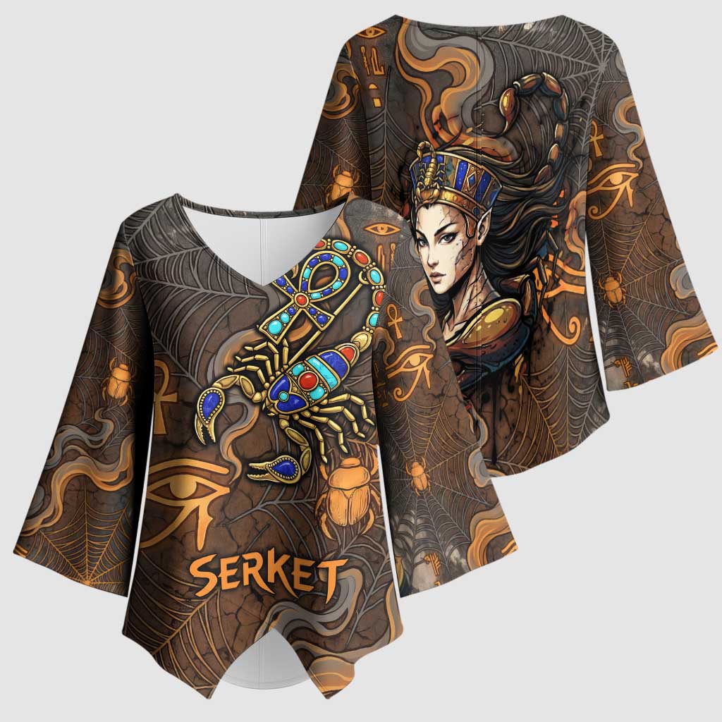 Serket Egyptian Kimono Sleeve Blouse Jeweled Scorpion and Cobweb Motif in Mystical Egyptian