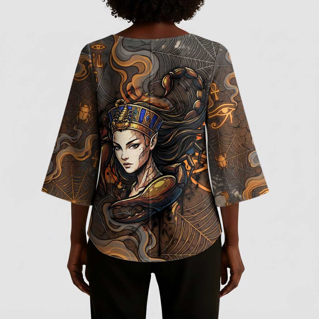 Serket Egyptian Kimono Sleeve Blouse Jeweled Scorpion and Cobweb Motif in Mystical Egyptian