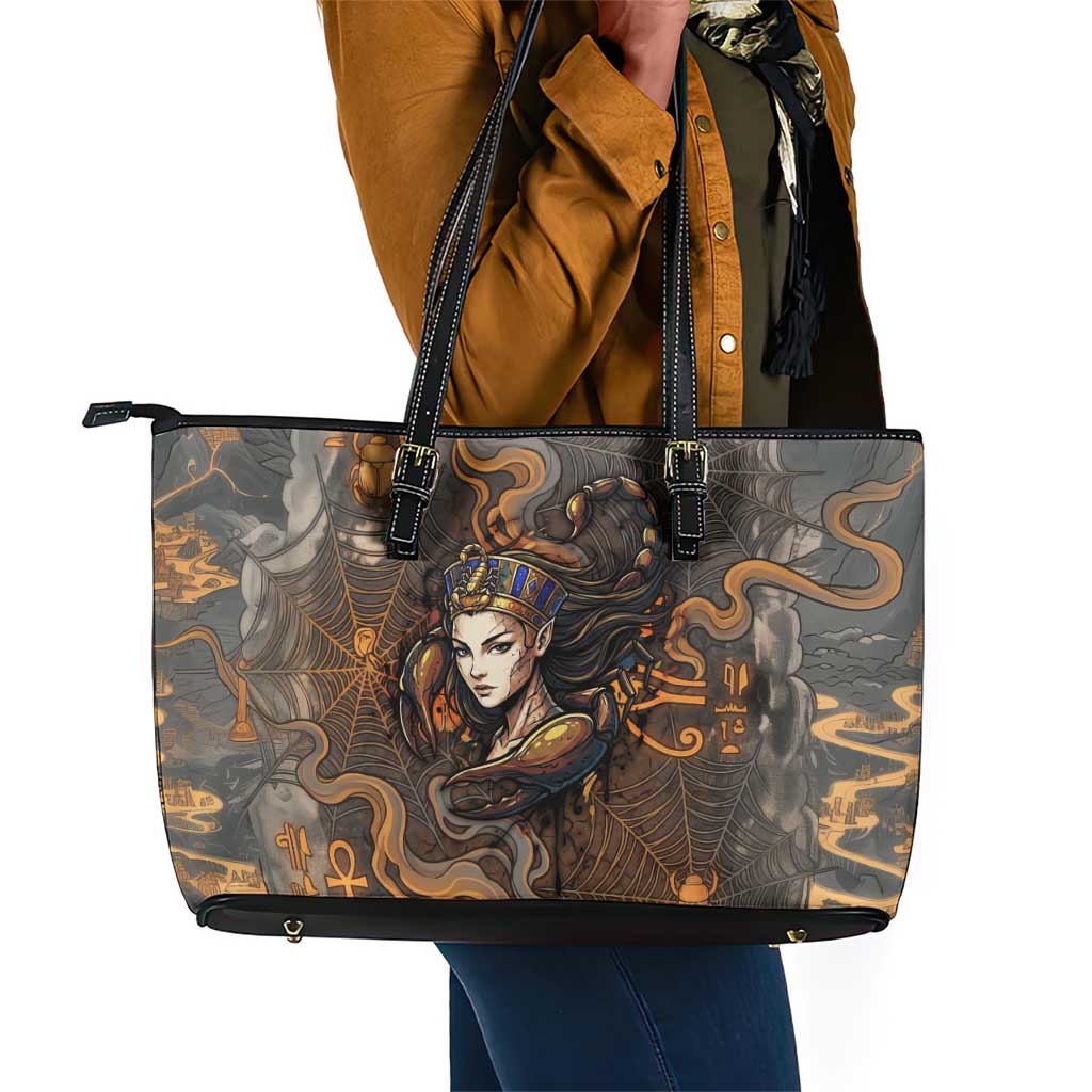 Serket Egyptian Leather Tote Bag Jeweled Scorpion and Cobweb Motif in Mystical Egyptian