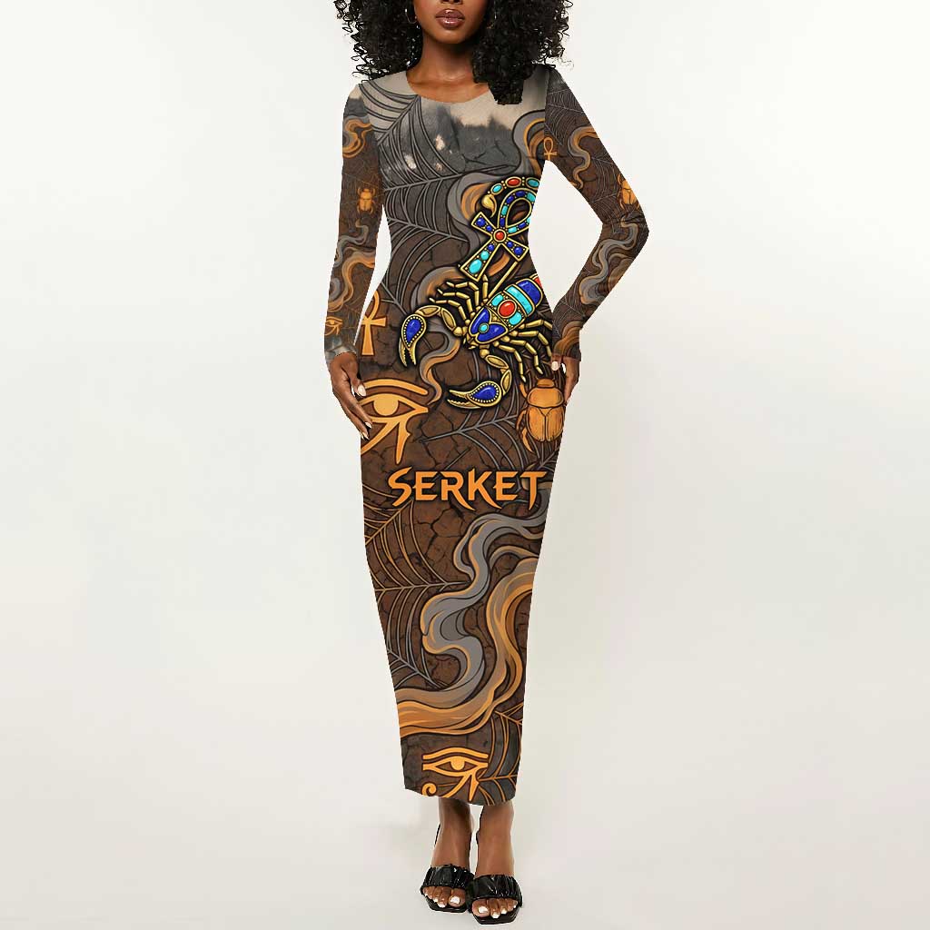 Serket Egyptian Long Sleeve Bodycon Dress Jeweled Scorpion and Cobweb Motif in Mystical Egyptian