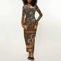 Serket Egyptian Long Sleeve Bodycon Dress Jeweled Scorpion and Cobweb Motif in Mystical Egyptian
