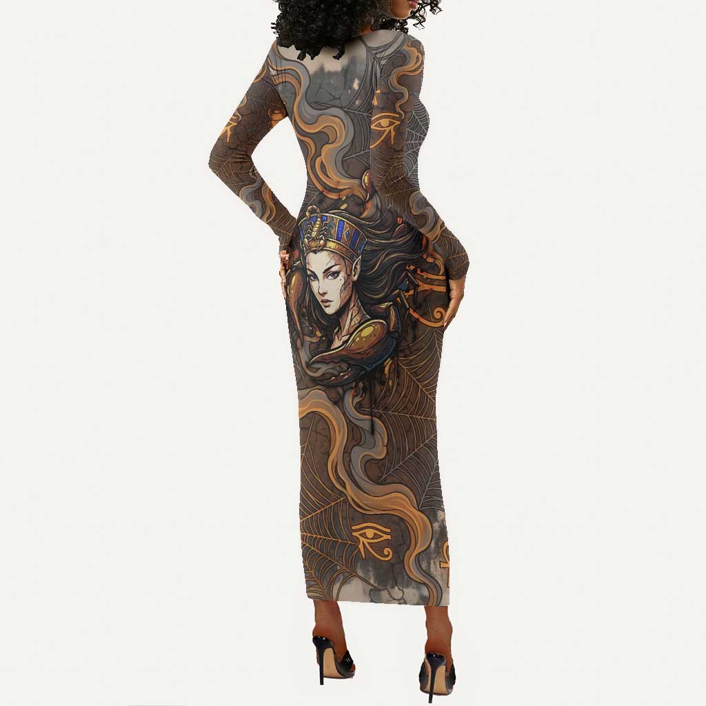 Serket Egyptian Long Sleeve Bodycon Dress Jeweled Scorpion and Cobweb Motif in Mystical Egyptian