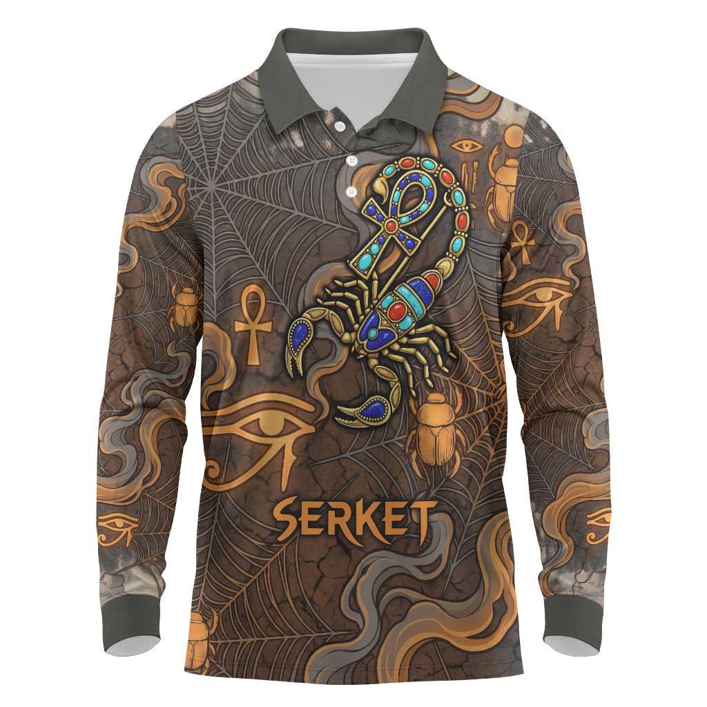Serket Egyptian Long Sleeve Polo Shirt Jeweled Scorpion and Cobweb Motif in Mystical Egyptian