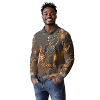 Serket Egyptian Long Sleeve Polo Shirt Jeweled Scorpion and Cobweb Motif in Mystical Egyptian