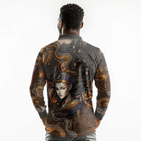 Serket Egyptian Long Sleeve Polo Shirt Jeweled Scorpion and Cobweb Motif in Mystical Egyptian