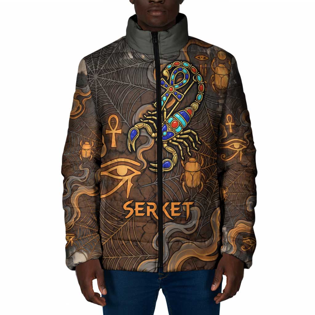 Serket Egyptian Padded Jacket Jeweled Scorpion and Cobweb Motif in Mystical Egyptian