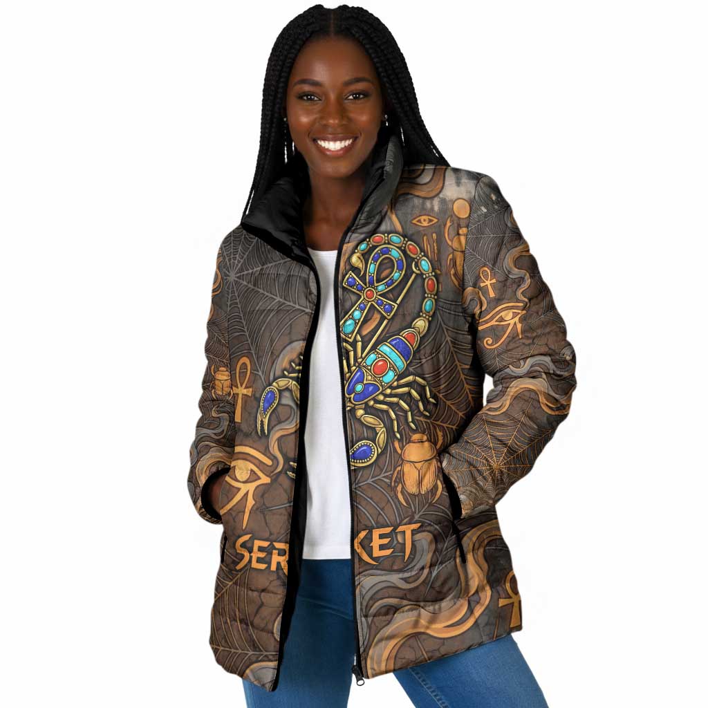 Serket Egyptian Padded Jacket Jeweled Scorpion and Cobweb Motif in Mystical Egyptian