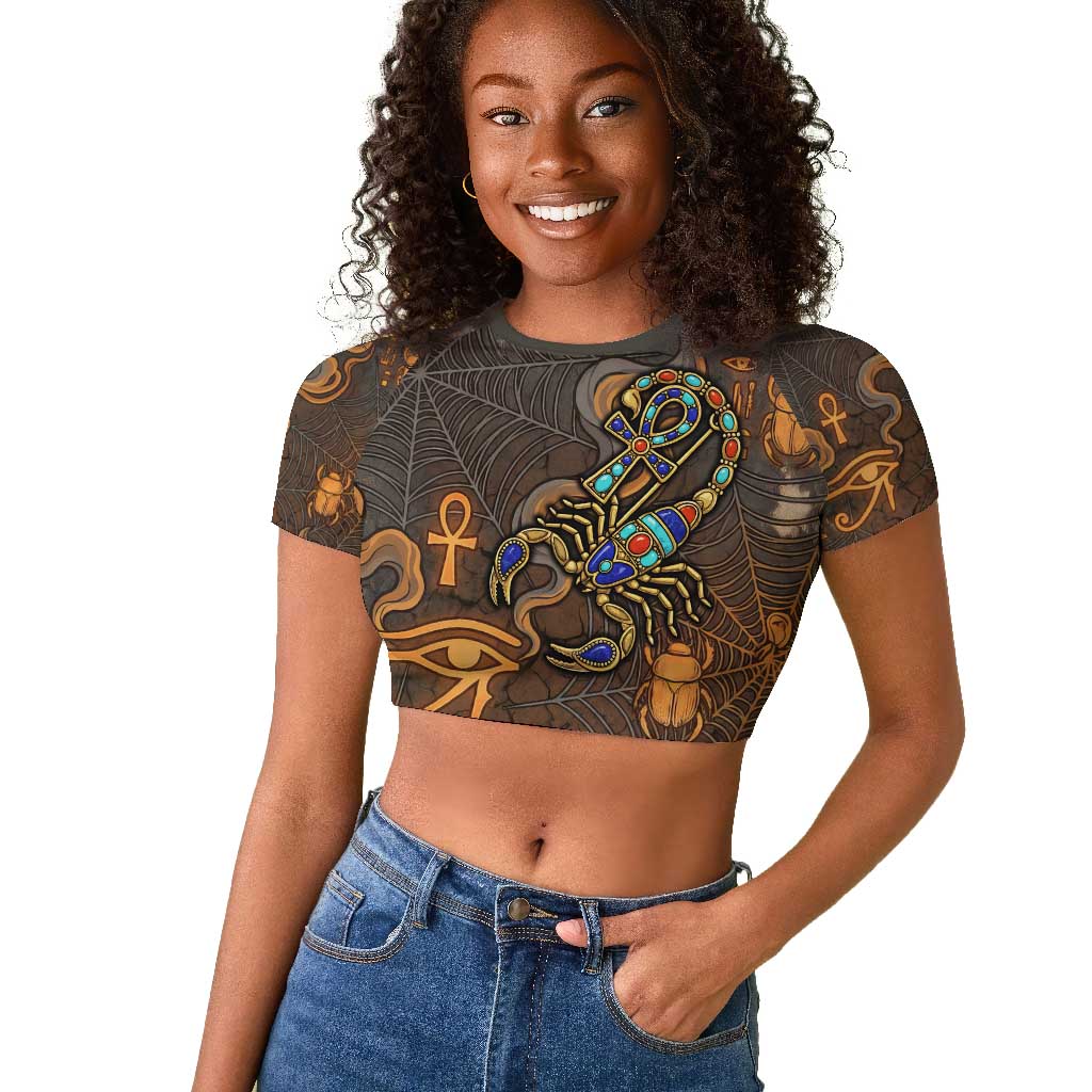 Serket Egyptian Raglan Cropped T shirt Jeweled Scorpion and Cobweb Motif in Mystical Egyptian