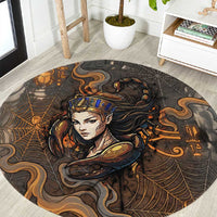 Serket Egyptian Round Carpet Jeweled Scorpion and Cobweb Motif in Mystical Egyptian