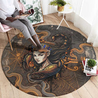 Serket Egyptian Round Carpet Jeweled Scorpion and Cobweb Motif in Mystical Egyptian