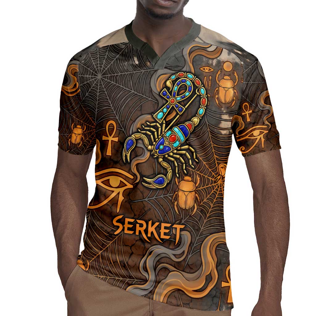 Serket Egyptian Rugby Jersey Jeweled Scorpion and Cobweb Motif in Mystical Egyptian