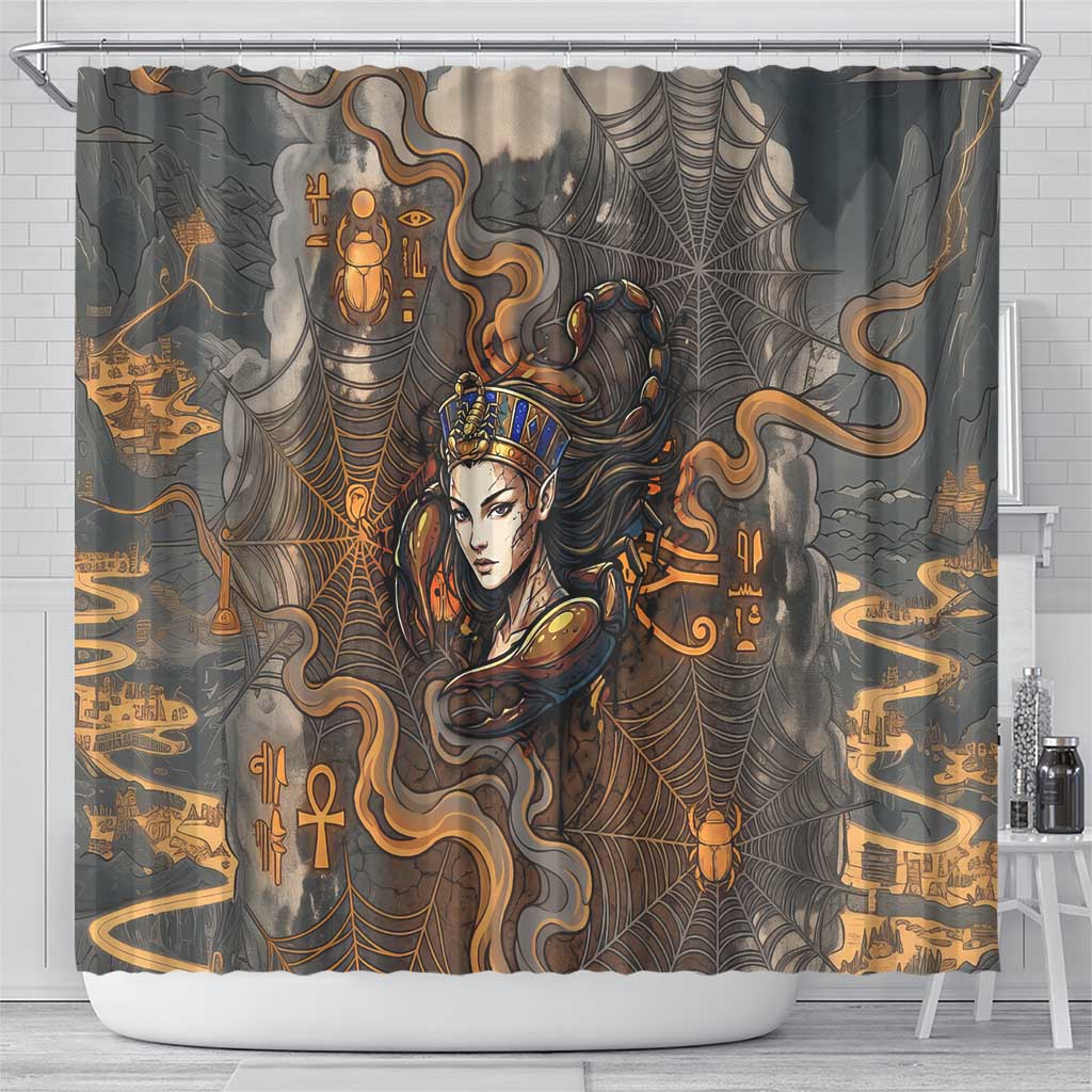 Serket Egyptian Shower Curtain Jeweled Scorpion and Cobweb Motif in Mystical Egyptian