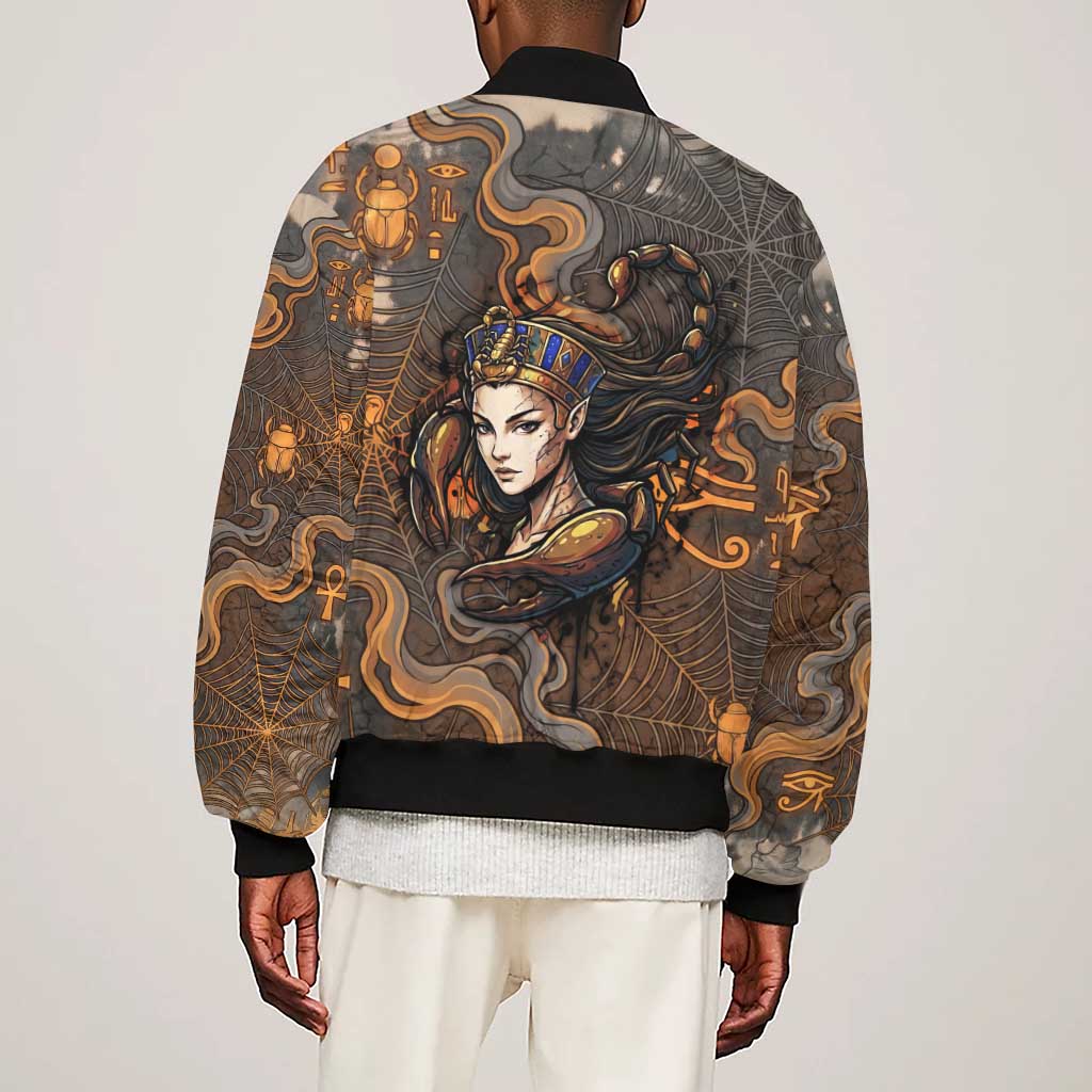Serket Egyptian Sleeve Zip Bomber Jacket Jeweled Scorpion and Cobweb Motif in Mystical Egyptian