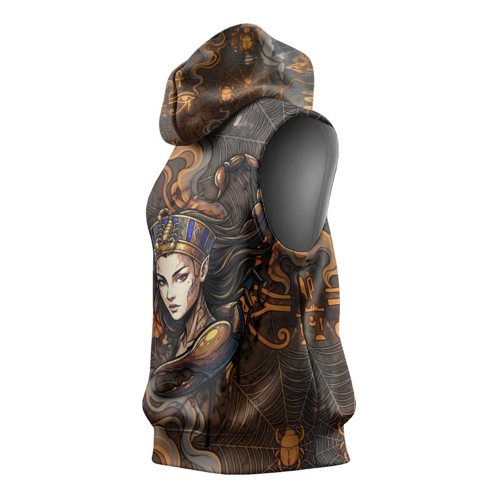 Serket Egyptian Sleeveless Hoodie Jeweled Scorpion and Cobweb Motif in Mystical Egyptian