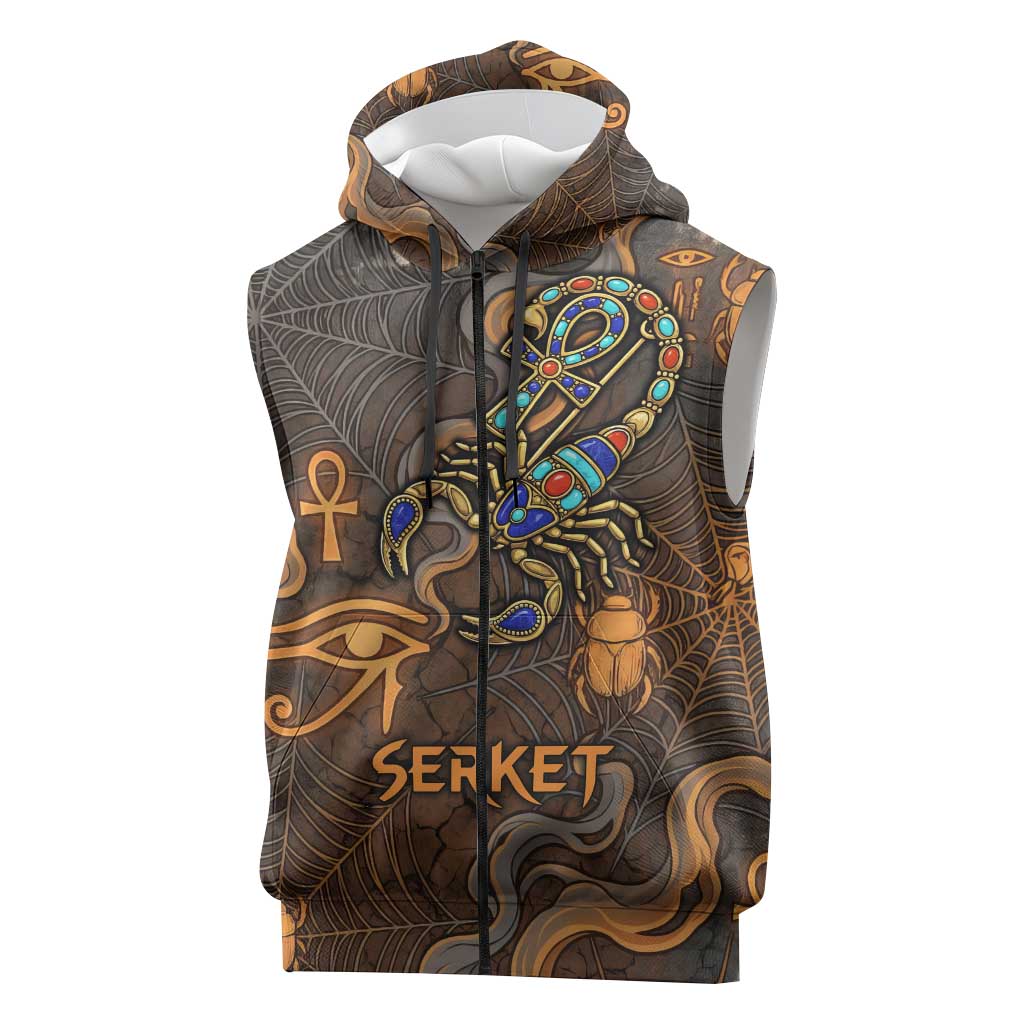 Serket Egyptian Sleeveless Zip Hoodie Jeweled Scorpion and Cobweb Motif in Mystical Egyptian
