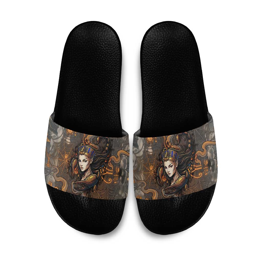 Serket Egyptian Slide Sandals Jeweled Scorpion and Cobweb Motif in Mystical Egyptian