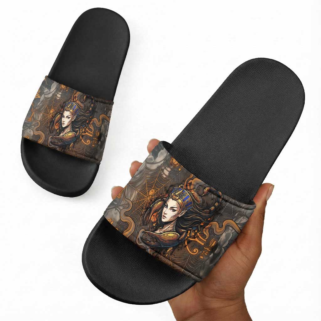 Serket Egyptian Slide Sandals Jeweled Scorpion and Cobweb Motif in Mystical Egyptian