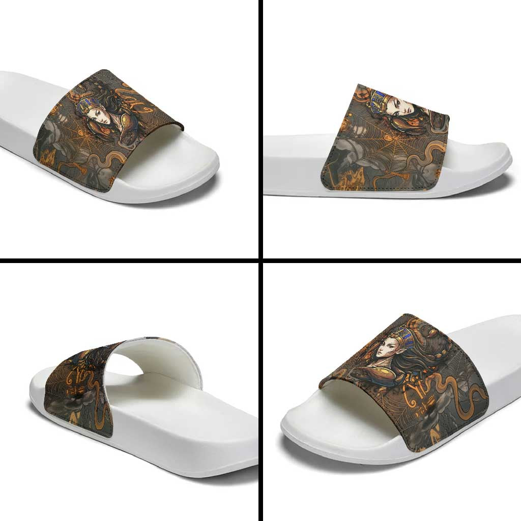 Serket Egyptian Slide Sandals Jeweled Scorpion and Cobweb Motif in Mystical Egyptian