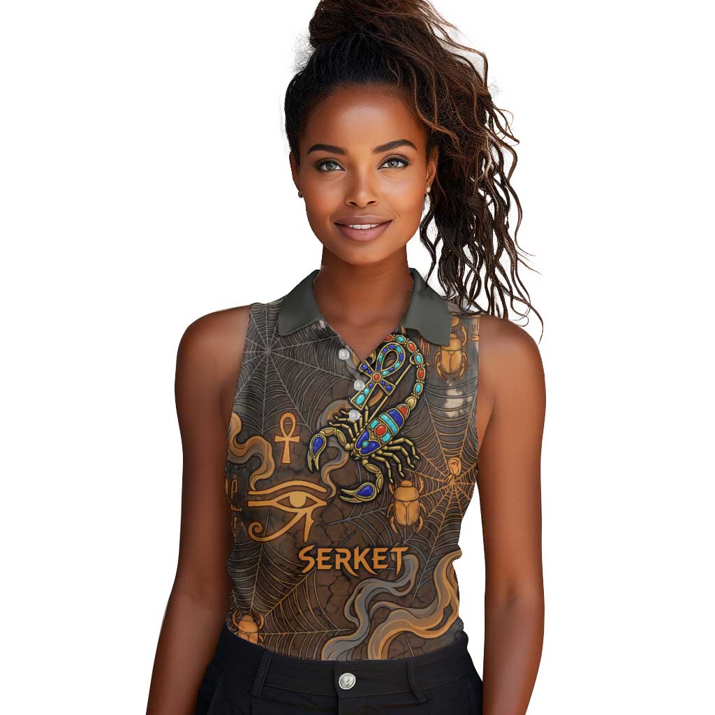 Serket Egyptian Women Sleeveless Polo Shirt Jeweled Scorpion and Cobweb Motif in Mystical Egyptian