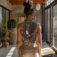 Serket Egyptian Women Sleeveless Polo Shirt Jeweled Scorpion and Cobweb Motif in Mystical Egyptian