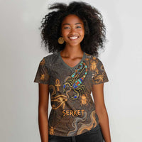 Serket Egyptian Women V-Neck T-Shirt Jeweled Scorpion and Cobweb Motif in Mystical Egyptian
