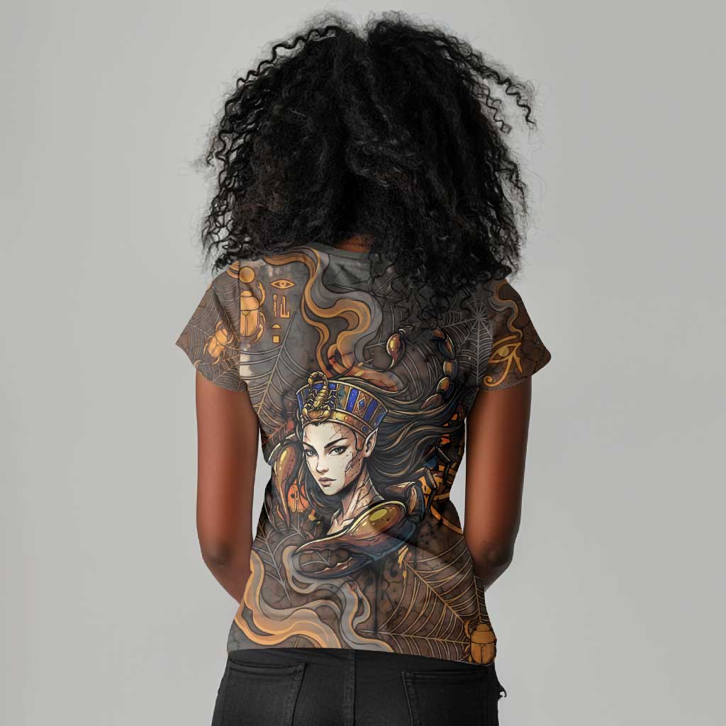 Serket Egyptian Women V-Neck T-Shirt Jeweled Scorpion and Cobweb Motif in Mystical Egyptian