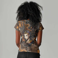 Serket Egyptian Women V-Neck T-Shirt Jeweled Scorpion and Cobweb Motif in Mystical Egyptian