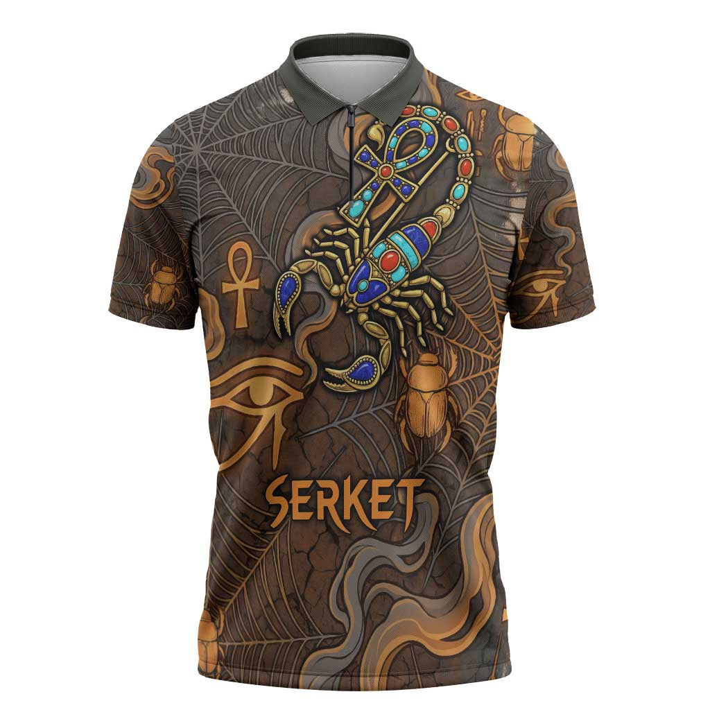 Serket Egyptian Zipper Polo Shirt Jeweled Scorpion and Cobweb Motif in Mystical Egyptian