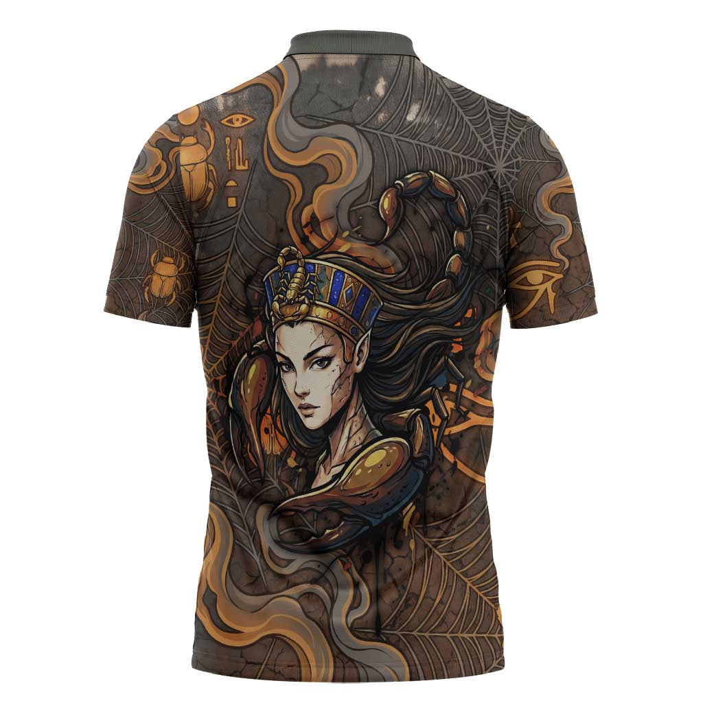 Serket Egyptian Zipper Polo Shirt Jeweled Scorpion and Cobweb Motif in Mystical Egyptian