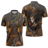 Serket Egyptian Zipper Polo Shirt Jeweled Scorpion and Cobweb Motif in Mystical Egyptian