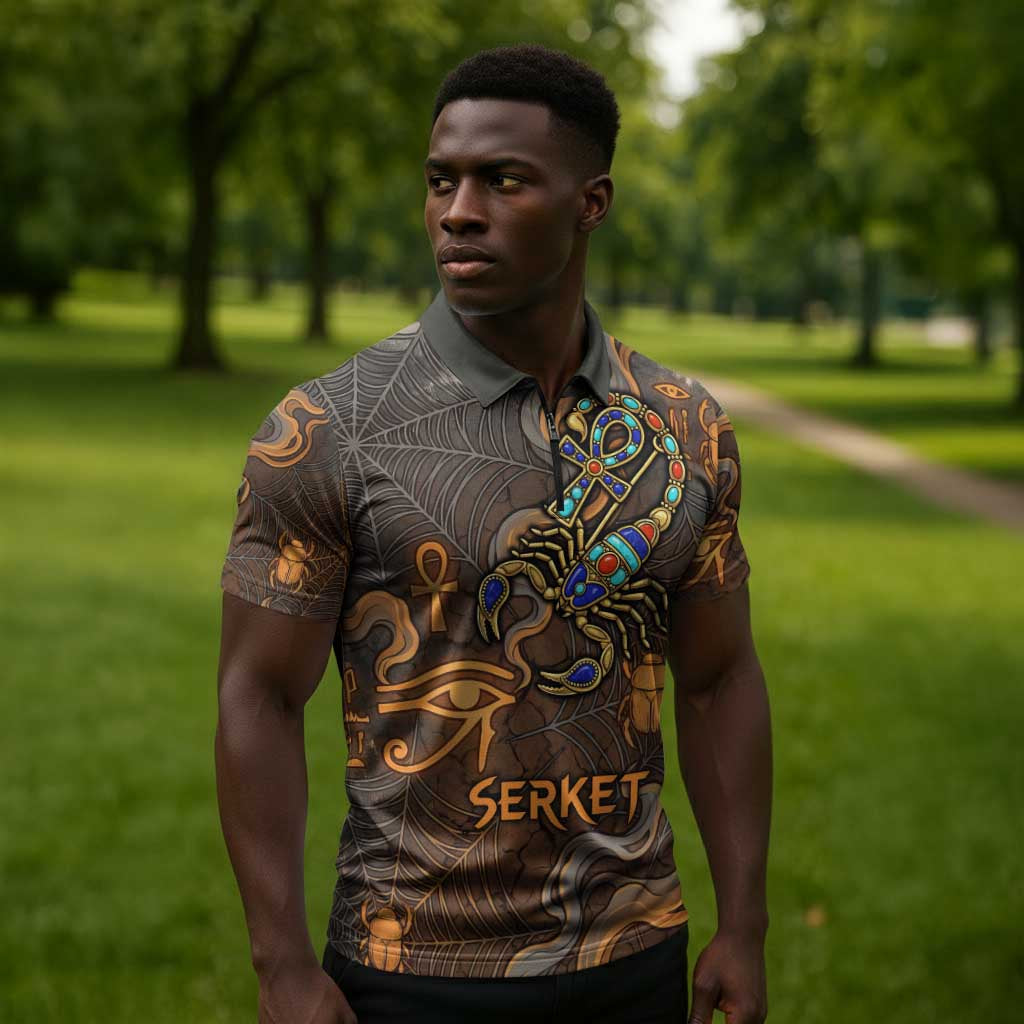 Serket Egyptian Zipper Polo Shirt Jeweled Scorpion and Cobweb Motif in Mystical Egyptian