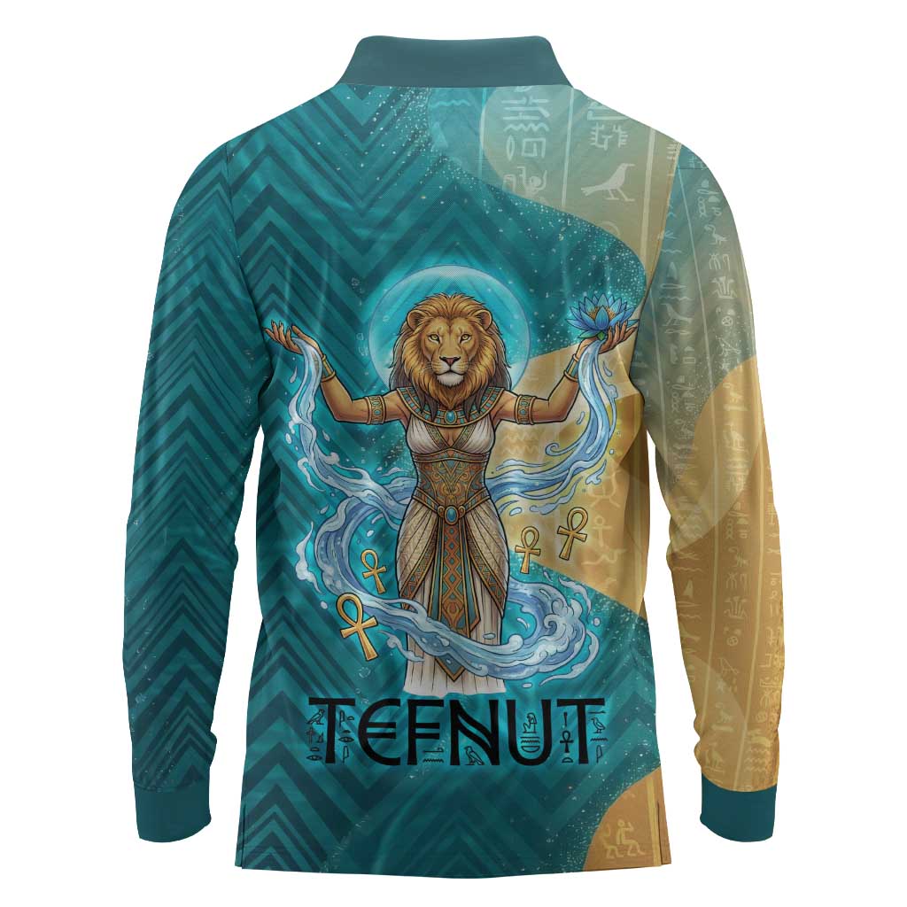 Tefnut Ancient Egyptian Long Sleeve Polo Shirt with Water Drop and Lion Symbol