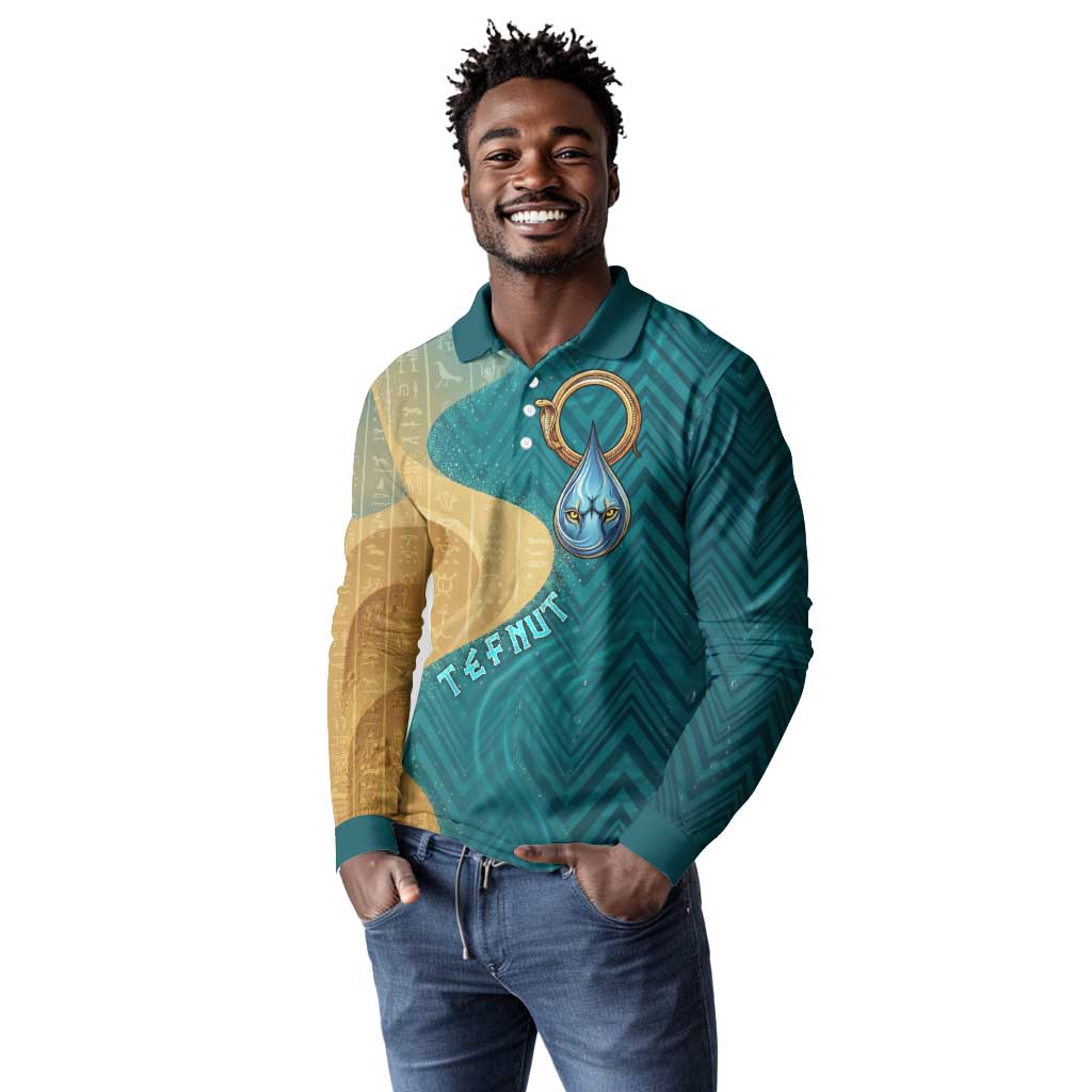 Tefnut Ancient Egyptian Long Sleeve Polo Shirt with Water Drop and Lion Symbol