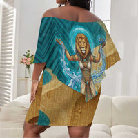 Tefnut Ancient Egyptian Off Shoulder Short Dress with Water Drop and Lion Symbol