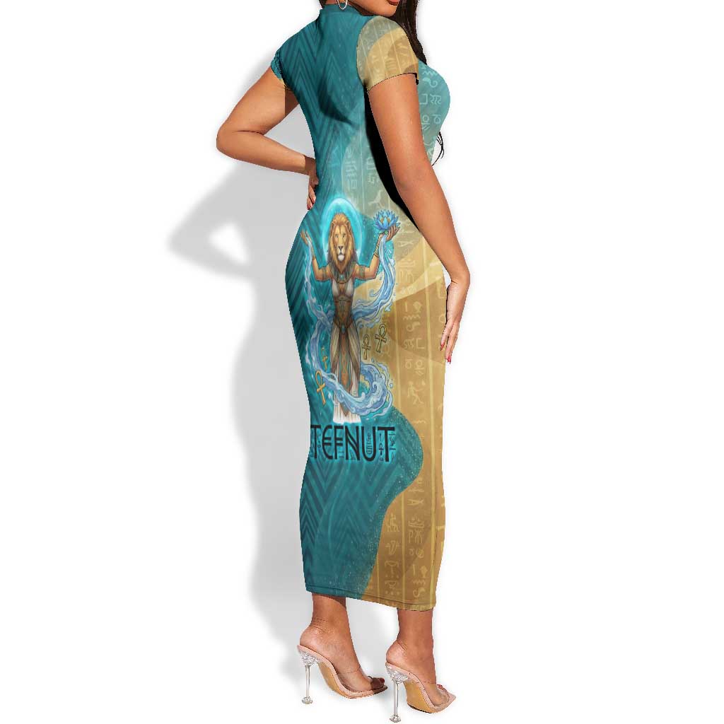 Tefnut Ancient Egyptian Short Sleeve Bodycon Dress with Water Drop and Lion Symbol
