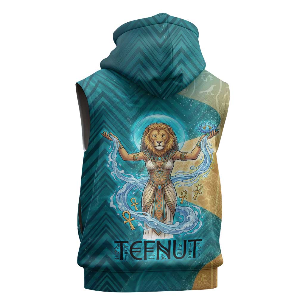 Tefnut Ancient Egyptian Sleeveless Zip Hoodie with Water Drop and Lion Symbol