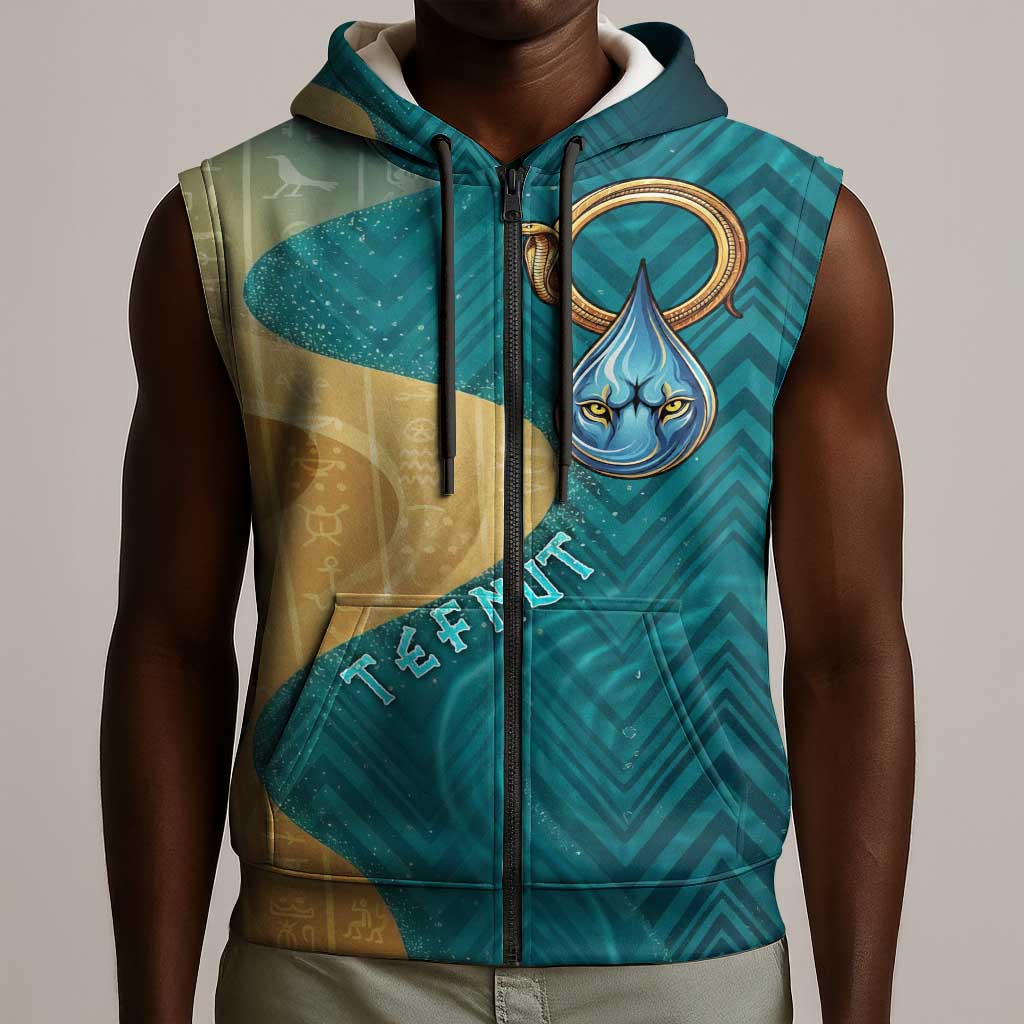 Tefnut Ancient Egyptian Sleeveless Zip Hoodie with Water Drop and Lion Symbol