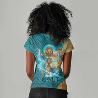 Tefnut Ancient Egyptian Women V-Neck T-Shirt with Water Drop and Lion Symbol