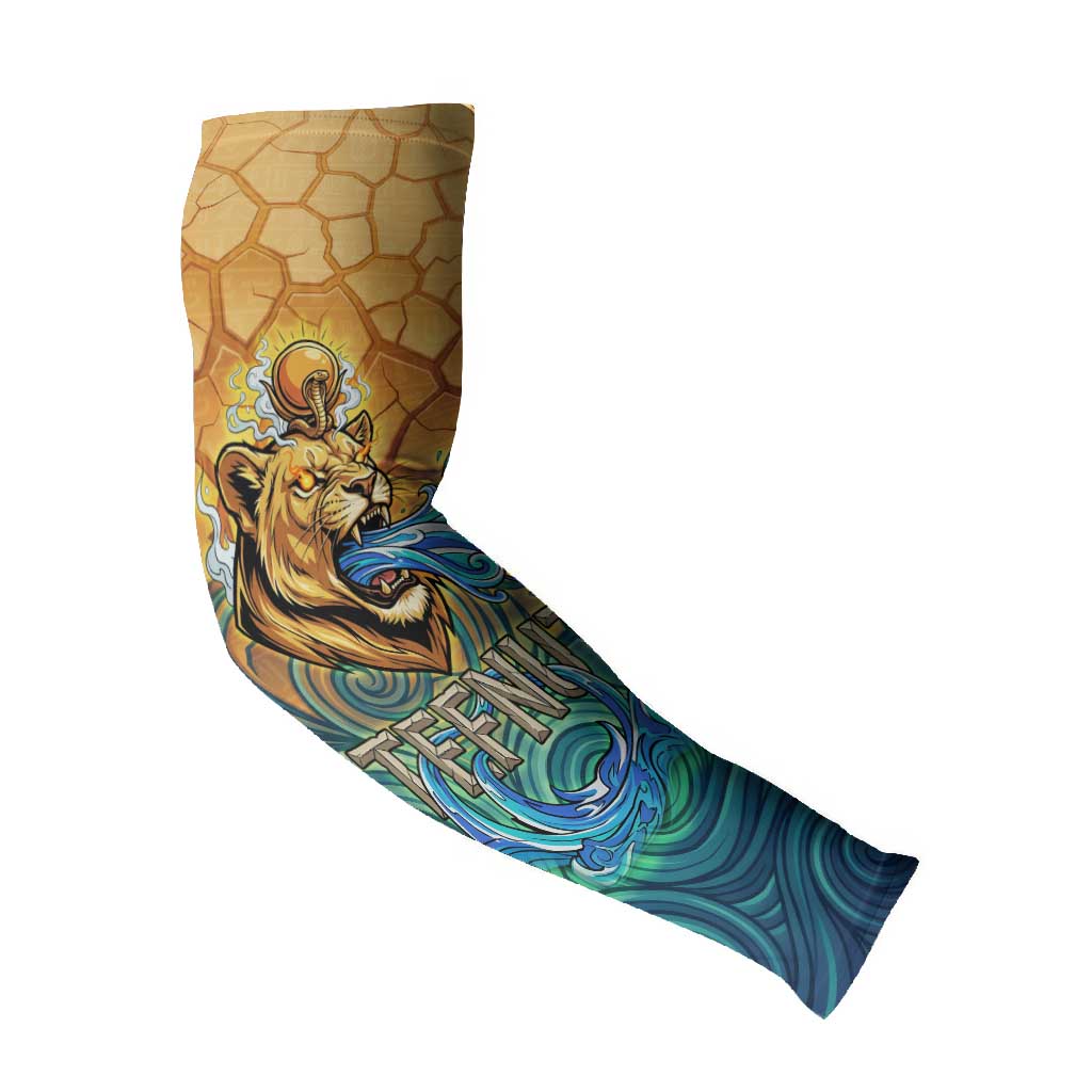 Egyptian Tefnut Fiery Eye Arm Sleeves with Roaring Lion in Desert and Water Element