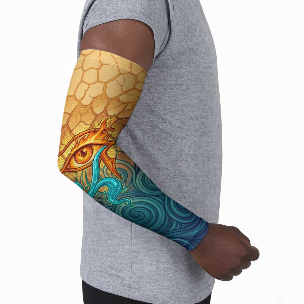 Egyptian Tefnut Fiery Eye Arm Sleeves with Roaring Lion in Desert and Water Element