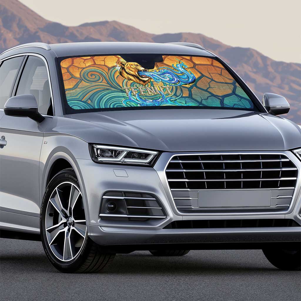 Egyptian Tefnut Fiery Eye Auto Sun Shade with Roaring Lion in Desert and Water Element
