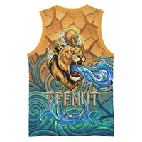 Egyptian Tefnut Fiery Eye Basketball Jersey with Roaring Lion in Desert and Water Element