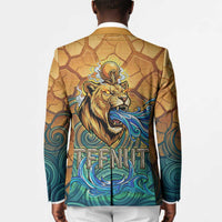 Egyptian Tefnut Fiery Eye Blazer with Roaring Lion in Desert and Water Element