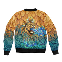 Egyptian Tefnut Fiery Eye Bomber Jacket with Roaring Lion in Desert and Water Element
