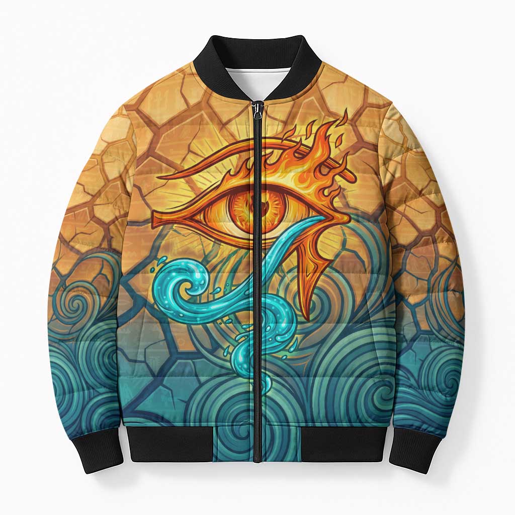 Egyptian Tefnut Fiery Eye Bomber Puffer Jacket with Roaring Lion in Desert and Water Element