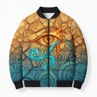 Egyptian Tefnut Fiery Eye Bomber Puffer Jacket with Roaring Lion in Desert and Water Element