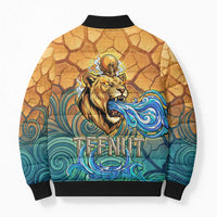 Egyptian Tefnut Fiery Eye Bomber Puffer Jacket with Roaring Lion in Desert and Water Element